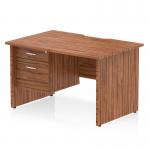 This image showcases a dynamic pedestal desk, measuring 1200 x 800mm, with scalloped edges and a straight design. The top panel is made of walnut and it has a panel end leg. The workstation also includes a fixed pedestal with 2 drawers.