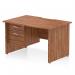 This image showcases a dynamic pedestal desk, measuring 1200 x 800mm, with scalloped edges and a straight design. The top panel is made of walnut and it has a panel end leg. The workstation also includes a fixed pedestal with 2 drawers.