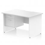 An image of the Dynamic Pedestal Desk Impulse showcases a modern and practical office desk. It features a sleek white top panel with a scalloped edge, supported by sturdy straight legs. The desk includes a fixed 2-drawer pedestal, providing convenient storage for office supplies.