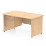 The desk has a sleek maple top panel with scalloped edges, giving it a modern and stylish look. The straight design with panel end legs adds stability and support. The 2-drawer fixed pedestal provides ample space for storage and organization. Overall, this desk has a dynamic and functional design that is perfect for any office setting.