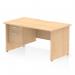 The desk has a sleek maple top panel with scalloped edges, giving it a modern and stylish look. The straight design with panel end legs adds stability and support. The 2-drawer fixed pedestal provides ample space for storage and organization. Overall, this desk has a dynamic and functional design that is perfect for any office setting.