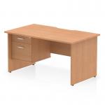 The Dynamic Pedestal Desk Impulse features a sleek and modern design. The scalloped edge adds a touch of elegance, while the oak top panel and panel end legs give it a sturdy and sophisticated look. With a 1400 x 800mm workspace and a 2 drawer fixed pedestal, this workstation is perfect for any office setting.