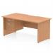 This photo showcases a modern Dynamic Pedestal Desk Impulse in a sleek 1600 x 800mm size. The oak top panel gives off a professional vibe, while the scalloped edge adds a touch of uniqueness. The straight design is supported by sturdy panel end legs, with a built-in 2 drawer fixed pedestal for storage.