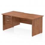 This modern office desk features a scalloped edge and sleek walnut top panel. It stands on a sturdy panel end leg and has a fixed pedestal with two drawers for storage. The desk measures 1600x800mm and is perfect for a dynamic workspace.