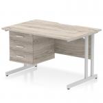 Impulse 1200 x 800mm Scalloped Edge Straight Office Desk Grey Oak Top Silver Cantilever Leg Workstation 1 x 3 Drawer Fixed Pedestal I006237