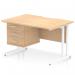 This photo showcases a sleek Dynamic Pedestal Desk Impulse with a scalloped edge and a maple top. The white cantilever leg adds a modern touch to the straight office desk. A 3 drawer fixed pedestal is included for storage.
