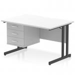 The image shows a sleek and modern Dynamic Pedestal Desk Impulse with a Scalloped Edge and a White Top. The desk is supported by a Black Cantilever Leg and comes with a 3 Drawer Fixed Pedestal for storage. Perfect for a functional and stylish office workstation.