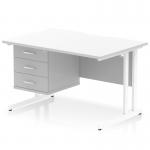 A sleek and modern office desk, the Dynamic Pedestal Desk Impulse features a scalloped edge white top, white cantilever leg, and a fixed pedestal with 3 drawers. Perfect for any workspace, this desk offers both style and functionality.