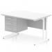 A sleek and modern office desk, the Dynamic Pedestal Desk Impulse features a scalloped edge white top, white cantilever leg, and a fixed pedestal with 3 drawers. Perfect for any workspace, this desk offers both style and functionality.