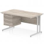 Impulse 1400 x 800mm Scalloped Edge Straight Office Desk Grey Oak Top Silver Cantilever Leg Workstation 1 x 3 Drawer Fixed Pedestal I006255