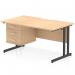 The photo shows a modern and sleek Dynamic Pedestal Desk Impulse with a scalloped edge and a maple top. The black cantilever leg provides stability to this 1400 x 800mm straight office desk. It also comes with a 3 drawer fixed pedestal for added storage and organization.