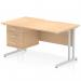 This picture shows a modern and stylish Dynamic Pedestal Desk Impulse. It features a scalloped edge, straight office desk with a maple top and silver cantilever leg workstation. The desk also comes with a 3 drawer fixed pedestal for added storage space.