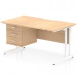 This desk is made of maple wood with a scalloped edge and a white cantilever leg. It measures 1400 x 800mm and features a fixed pedestal with 3 drawers. Its dynamic design is perfect for any modern office space.