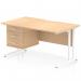 This desk is made of maple wood with a scalloped edge and a white cantilever leg. It measures 1400 x 800mm and features a fixed pedestal with 3 drawers. Its dynamic design is perfect for any modern office space.