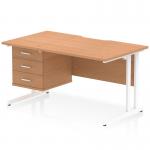 The dynamic pedestal desk features a scalloped edge and straight design, measuring 1400 x 800mm. The oak top is contrasted with white cantilever legs for a modern look. This workstation includes a 3 drawer fixed pedestal for convenient storage.