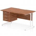 A sleek and modern office desk, featuring scalloped edges and a walnut top. The white cantilever leg adds stability and style, while the 3 drawer fixed pedestal provides ample storage. Perfect for any workspace.