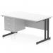 This dynamic 1400 x 800mm pedestal desk features a white top with a scalloped edge and black cantilever leg. It comes with 1 x 3 drawer fixed pedestal, providing ample storage space. The modern design adds a sleek touch to any office space.