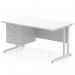 This desk features a dynamic pedestal design and a scalloped edge 1400 x 800mm white top. It is supported by a silver cantilever leg and comes with a fixed 3 drawer pedestal. A perfect addition to any modern office or workspace.