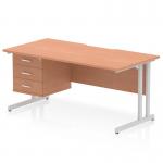 This picture features a dynamic pedestal desk, measuring 1600 x 800mm, with a scalloped edge and a beech top. It is supported by silver cantilever legs, creating a sturdy and stylish workstation. A 3 drawer fixed pedestal is included for convenient storage.