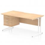 This picture features a dynamic, scalloped edge office desk with a maple top and white cantilever leg. It measures 1600 x 800mm and includes a 3 drawer fixed pedestal for storage.