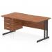 This picture showcases a dynamic pedestal desk with a scalloped edge and a straight design. The desk measures 1600 x 800mm and features a walnut top and black cantilever legs. It also includes a 3 drawer fixed pedestal for added storage.