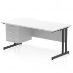 This photograph features a sleek, modern desk with scalloped edges and a white top, supported by black cantilever legs. It also includes a convenient 3 drawer fixed pedestal for storage. Perfect for any dynamic office space.