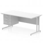 The Dynamic Pedestal Desk Impulse features a 1600 x 800mm scalloped edge white top and sleek silver cantilever legs. It includes a 3 drawer fixed pedestal for storage. This modern workstation is perfect for any office setting.