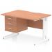 This picture shows a sleek and modern Dynamic Pedestal Desk Impulse with a beech top and a scalloped edge. The workstation has a white cable managed leg and is 1200 x 800mm in size. It also includes a 3 drawer fixed pedestal, providing ample storage space.