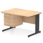 The image shows a dynamic pedestal desk, measuring 1200 x 800mm, with a scalloped edge and a maple top. The desk features a black cable managed leg workstation and includes a 3 drawer fixed pedestal for storage.