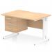 The photograph features a sleek and modern Dynamic Pedestal Desk from Impulse, measuring 1200 x 800mm. It has a scalloped edge and a straight design, with a maple top and a white cable managed leg. Accompanied by a 3 drawer fixed pedestal, this workstation is both functional and stylish.