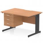 The Dynamic Pedestal Desk features a scalloped edge oak top and sleek black cable managed legs. It measures 1200x800mm and comes with a 3 drawer fixed pedestal for added storage and organization. This workstation is perfect for any modern office setting.