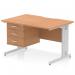 This image shows a modern and stylish Dynamic Pedestal Desk Impulse with a scalloped edge and oak top. The silver cable managed leg adds functionality, and the 3 drawer fixed pedestal offers ample storage. Perfect for any office space.