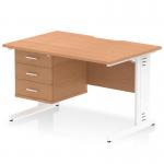 A sleek and modern office setup, this dynamic pedestal desk features a scalloped edge straight oak top, white cable managed leg workstation, and a 3 drawer fixed pedestal. Perfect for any professional environment.