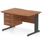 The Dynamic Pedestal Desk Impulse features a 1200 x 800mm scalloped edge straight office desk with a walnut top and black cable managed leg workstation. It also includes a 3 drawer fixed pedestal for storage, making it a functional and stylish addition to any workspace.