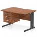 The Dynamic Pedestal Desk Impulse features a 1200 x 800mm scalloped edge straight office desk with a walnut top and black cable managed leg workstation. It also includes a 3 drawer fixed pedestal for storage, making it a functional and stylish addition to any workspace.