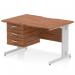 This picture features a dynamic pedestal desk with a scalloped edge and a walnut top. The straight office desk is 1200 x 800mm and is supported by a silver cable managed leg workstation. A 3 drawer fixed pedestal is also included in the image.