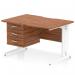 This image shows a sleek and modern Dynamic Pedestal Desk from the Impulse collection. The desk features a scalloped edge and a walnut top, with a white cable managed leg for a clean and organized workspace. It also includes a 3 drawer fixed pedestal for additional storage.