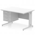 This photograph shows a sleek, modern Dynamic Pedestal Desk Impulse with a scalloped edge and white top. The silver cable managed leg adds a touch of elegance to the workstation. A 3 drawer fixed pedestal provides ample storage for office essentials.