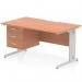 This photo showcases a sleek Dynamic Pedestal Desk Impulse with a 1400 x 800mm beech top and scalloped edge. The silver cable managed leg adds a modern touch while the 3 drawer fixed pedestal provides ample storage. Perfect for any straight office desk set up.