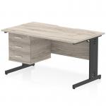 Impulse 1400 x 800mm Scalloped Edge Straight Office Desk Grey Oak Top Black Cable Managed Leg Workstation 1 x 3 Drawer Fixed Pedestal I006308