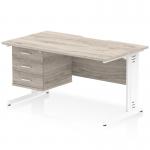 Impulse 1400 x 800mm Scalloped Edge Straight Office Desk Grey Oak Top White Cable Managed Leg Workstation 1 x 3 Drawer Fixed Pedestal I006310