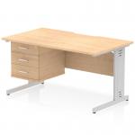 This image shows a dynamic pedestal desk with a scalloped edge and a maple top. The silver cable managed leg adds a modern touch to the workstation, which also includes a 3 drawer fixed pedestal. The desk measures 1400 x 800mm.