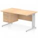 This image shows a dynamic pedestal desk with a scalloped edge and a maple top. The silver cable managed leg adds a modern touch to the workstation, which also includes a 3 drawer fixed pedestal. The desk measures 1400 x 800mm.