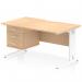 This modern office desk features a dynamic pedestal design with a scalloped edge for added style. The maple top is paired with white cable managed legs for a clean and organized workspace. The desk also includes a fixed pedestal with three drawers for convenient storage.