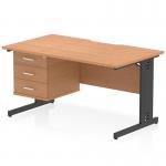 This photograph captures a modern and sleek Dynamic Pedestal Desk Impulse, measuring 1400 x 800mm. Its scalloped edge and black cable managed leg add a touch of elegance to the office space. With a fixed pedestal and oak top, this workstation is both functional and stylish.