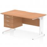 This dynamic pedestal desk features a scalloped edge and a spacious 1400 x 800mm oak top. The white cable managed leg provides a clean and organized look, while the 3 drawer fixed pedestal offers convenient storage space. It creates a modern and functional workstation for any office setting.