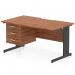 The Dynamic Pedestal Desk Impulse features a sleek walnut top with a scalloped edge and a sturdy black cable managed leg. Its 3 drawer fixed pedestal adds functional storage to this 1400 x 800mm workstation.