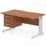 This stunning photograph showcases a dynamic pedestal desk with a walnut top and sleek silver cable managed legs. The scalloped edge adds a touch of elegance to the 1400 x 800mm straight workstation. To maximize storage, there is a fixed pedestal with 3 drawers attached to the desk.