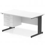 This image shows a sleek, modern office desk with a white top and black cable managed legs. The scalloped edge adds a unique touch to the design. The desk is equipped with a 3 drawer fixed pedestal for storage and measures 1400 x 800mm. It is perfect for a dynamic and functional workspace.