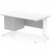 This desk features a sleek white top with scalloped edges and a cable managed leg. It also includes a fixed 3 drawer pedestal for storage. Perfect for a modern, streamlined office space.